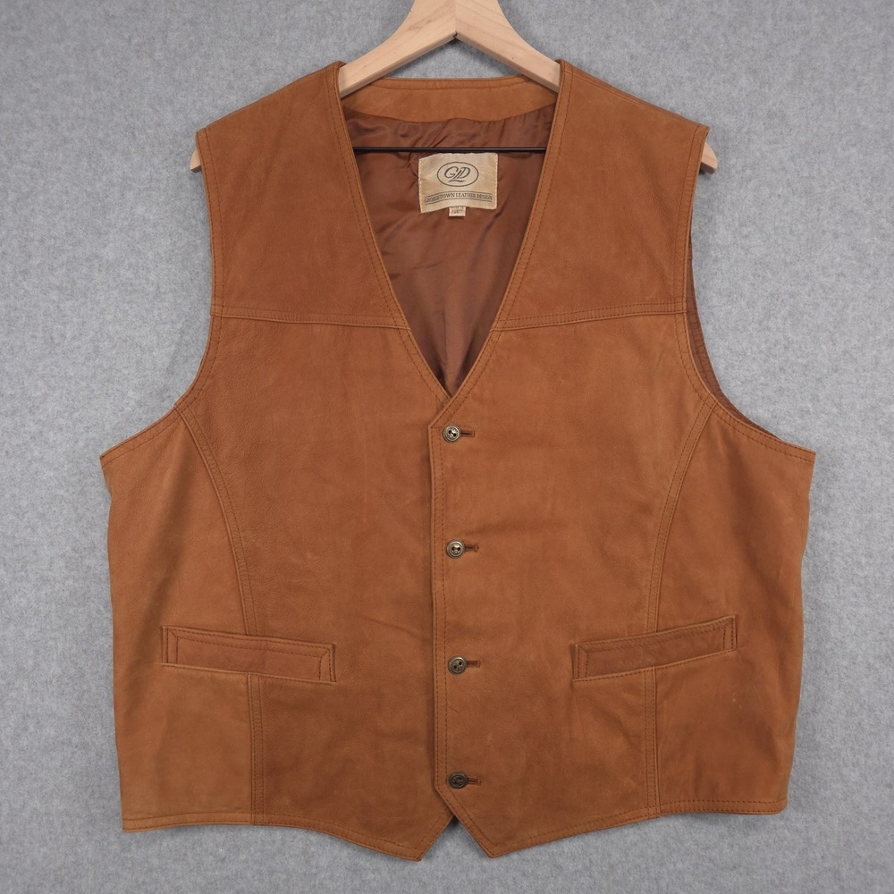 Georgetown Leather Design Mens XL Vintage Brown Leather Vest Western Cowboy